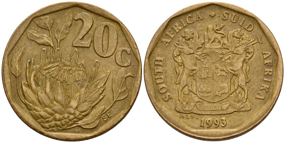 ЮАР 20 центов 1993 герб, цветок протея KM 136 сталь плакированная латунью 4169-1266