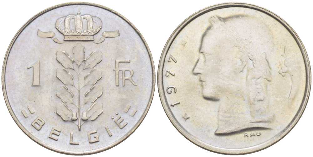 БЕЛЬГИЯ 1 ФРАНК 1977 BELGIE, БОДУЭН I (1951-1993) KM 143.1 медно-никель 3856-635