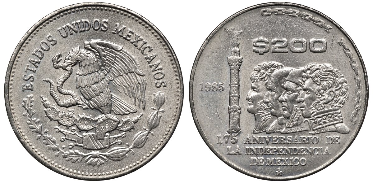 Мексика 200 песо 1985 Мо, 175-летие независимости KM 509 медно-никель 4367-1132