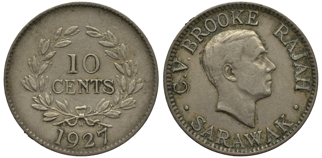Саравак 10 центов 1927 Н, Третий Раджа Чарльз Вайнер Брук, Королевство Саравак (1846 - 1946) KM 16 медно-никель 4044-511