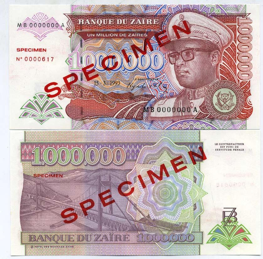 Заир 1000000 заиров 1993 15.03.1993, Мобуту Сесе Секо в военной форме, мост через реку Конго, Giesecke & Devrient, образец, Specimen Pick 45 as бумага UNC (пресс) 448-38-1