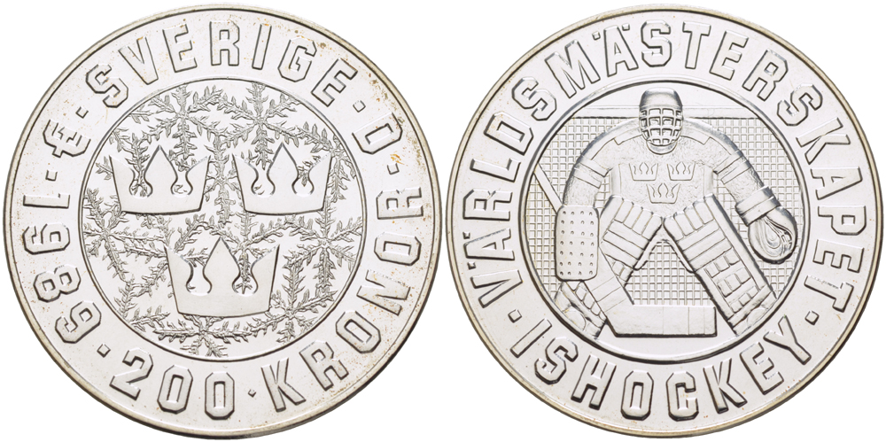 ШВЕЦИЯ 200 КРОН 1989 ХОККЕЙ НА ЛЬДУ, ВРАТАРЬ, КАРЛ XVI ГУСТАВ, ПРОБА 925, ВЕС 27 ГР., ТИРАЖ 80000 ЭКЗ., В ОРИГИНАЛЬНОЙ ПЛАСТИКОВОЙ УПАКОВКЕ KM 869 серебро BUNC 1082-5-11