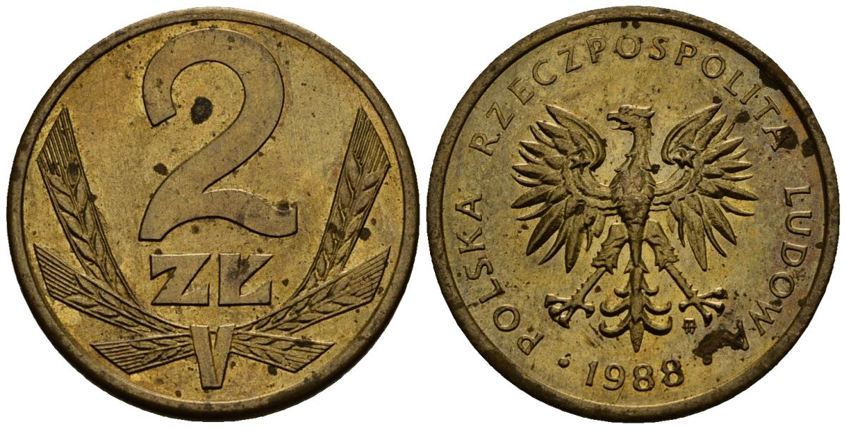 Польша 2 злотых 1988 MW KM 80.2, Parchimowicz 218c латунь 4177-756