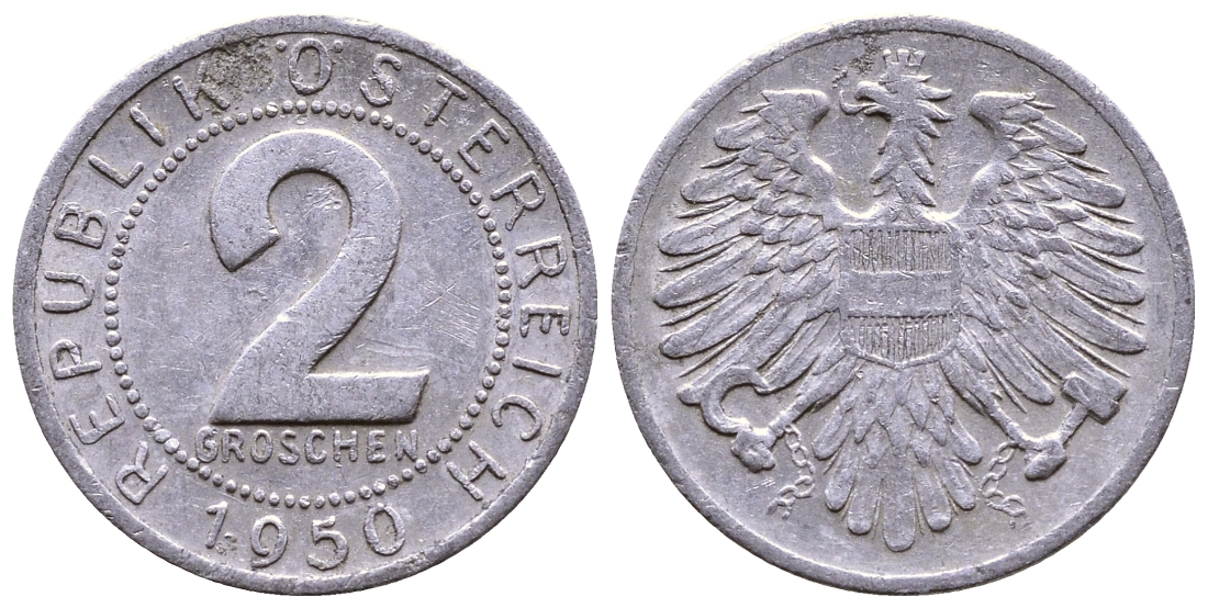 АВСТРИЯ 2 ГРОША 1950 ПЕРВЫЙ ГОД КМ 2876 алюминий 4383-156
