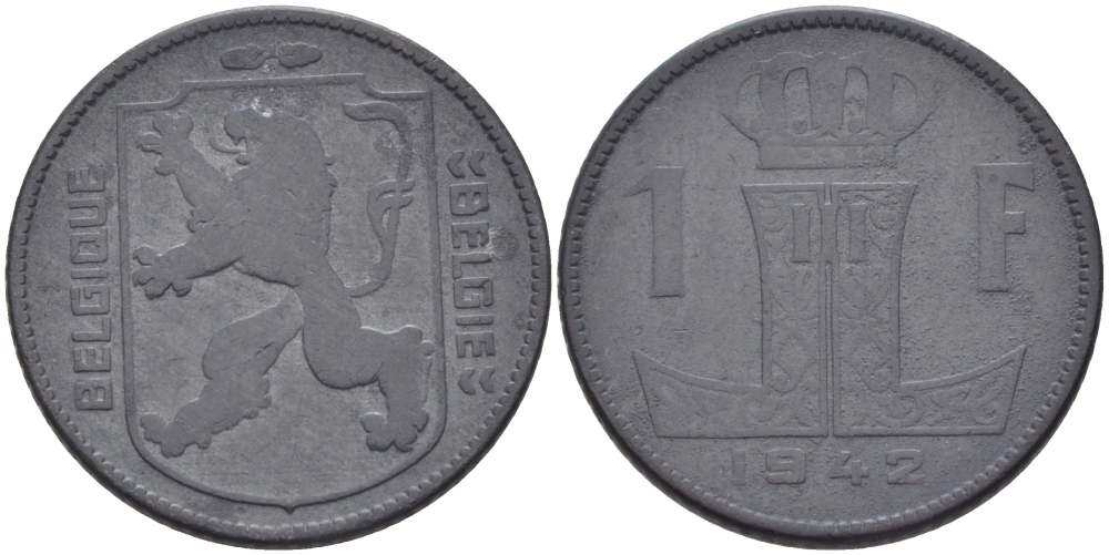 БЕЛЬГИЯ 1 ФРАНК 1942 BELGIQUE-BELGIE, ГЕРМАНСКАЯ ОККУПАЦИЯ KM 127 цинк 31-1234