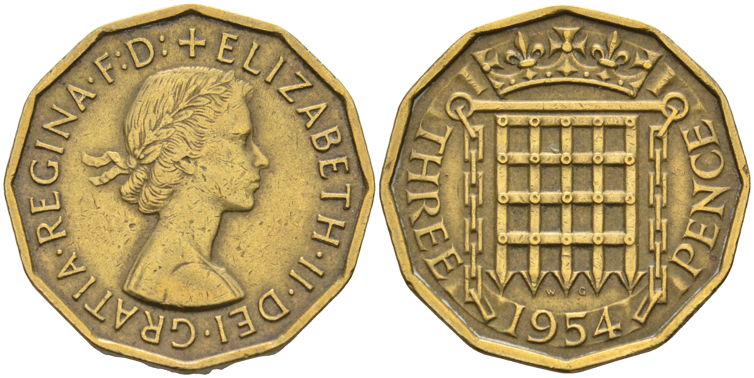 Великобритания 3 пенса 1954 Елизавета II (1952-2022) KM 900, Spink 4153 никель латунь 4589-822