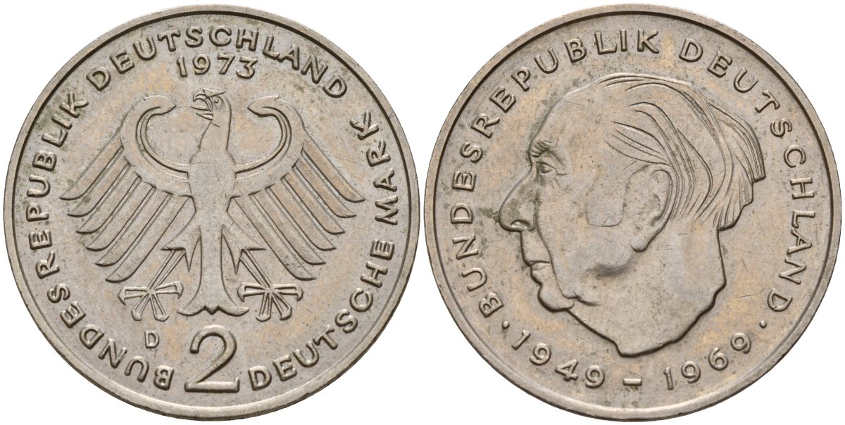 ФРГ 2 марки 1973 D, Конрад Аденауэр KM 124, J. 406 медно-никель 4159-1223