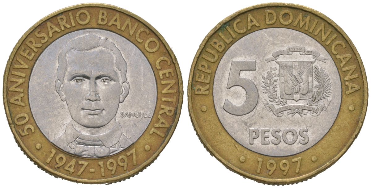 Доминиканская Республика 5 песо 1997 50 лет центральному банку KM 88 биметалл 4391-1224