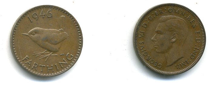 Великобритания 1 фартинг 1946 Георг VI (1936-1952) KM 843, Spink 4116 бронза 35-739