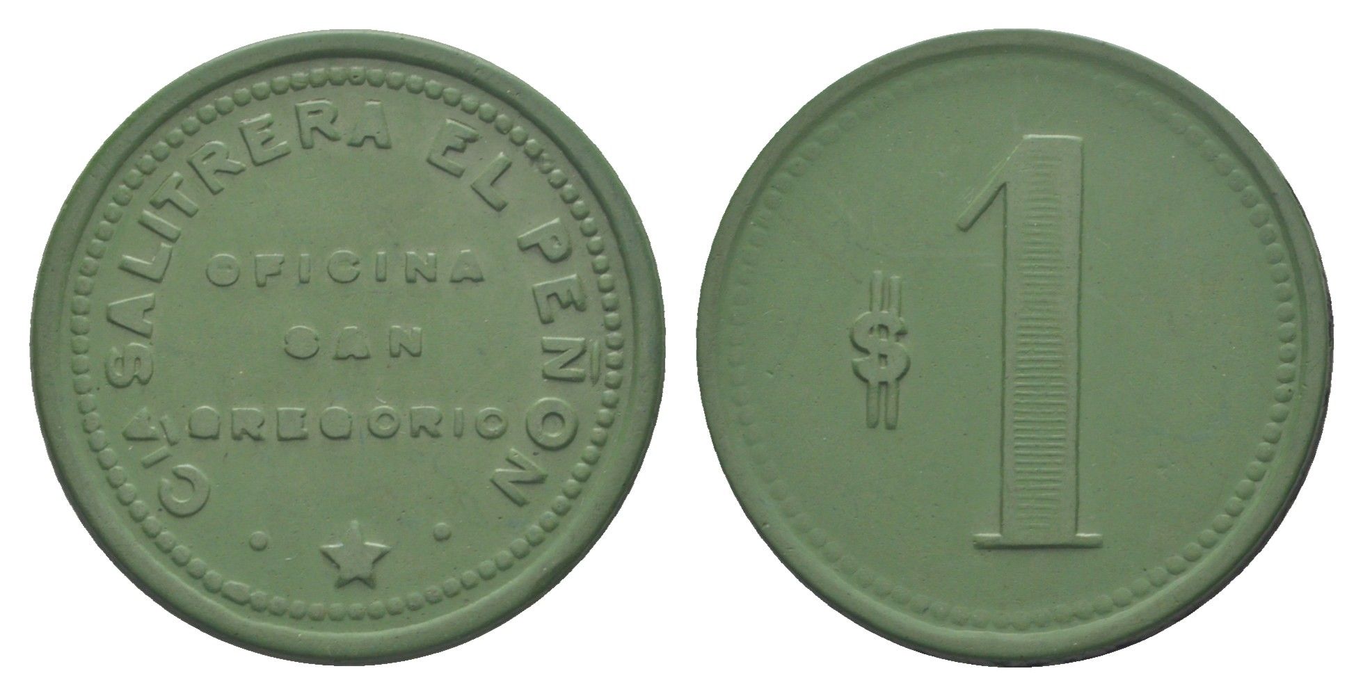 Чили, Сан-Грегорио (San Gregorio), Агуа Бланка (Agua Blanca) шахтерский жетон с Селитряного рудника для покупки в местных магазинах, номиналом в 1 песо 1880-1920 диаметр 30 мм, вес 3,48 гр Espinosa 275.8 эбонит (зеленый) 1094-1-52