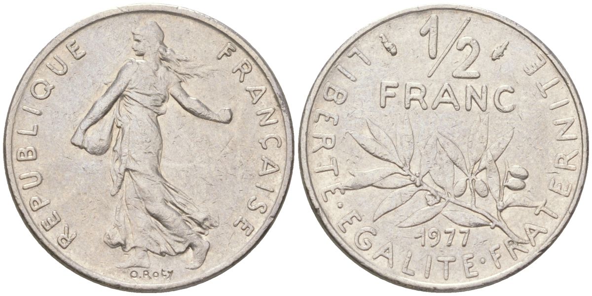 Франция 1/2 франка 1977 сеятель KM 931.1, Le Franc 198.16 никель 4613-855