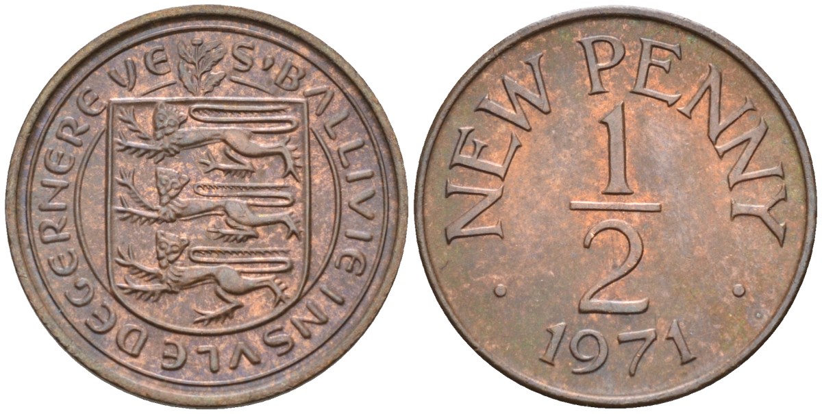 Гернси 1/2 пенни 1971 Елизавета II (1952-2022), герб KM 20 бронза UNC 4580-866