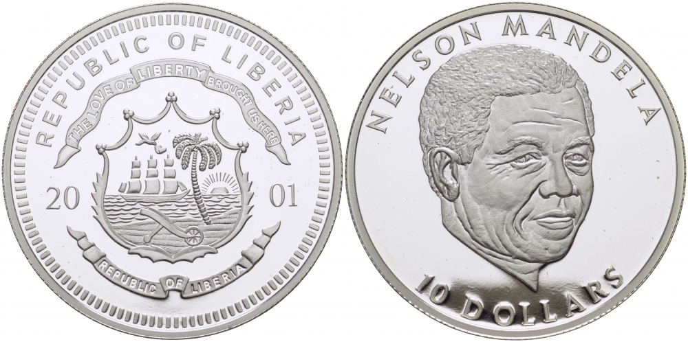 Либерия 10 долларов 2001 Нельсон Мандела серебро PROOF 1077-7-41