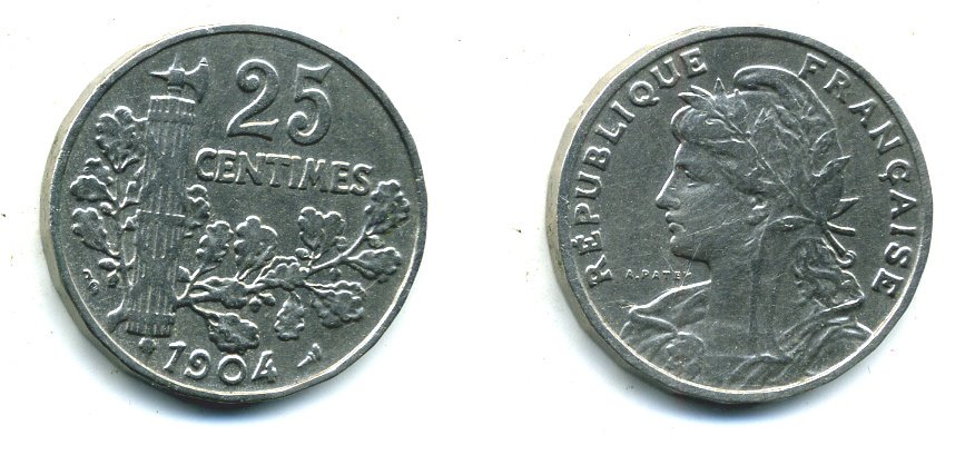 ФРАНЦИЯ 25 САНТИМОВ 1904 KM 856 никель 23-923