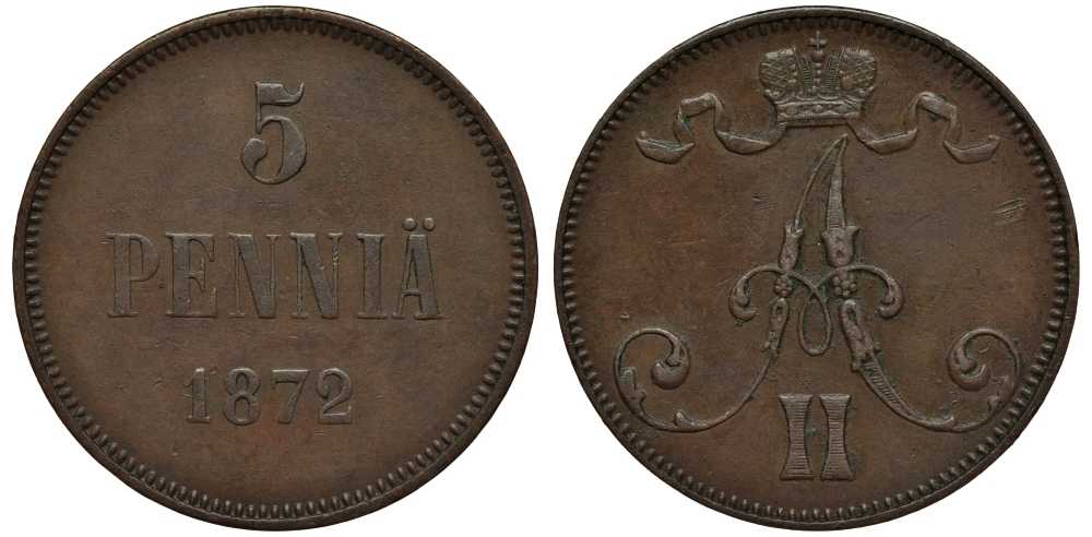 РОССИЯ ДЛЯ ФИНЛЯНДИИ 5 ПЕННИ 1872 АЛЕКСАНДР II Биткин 661 медь 1515-235