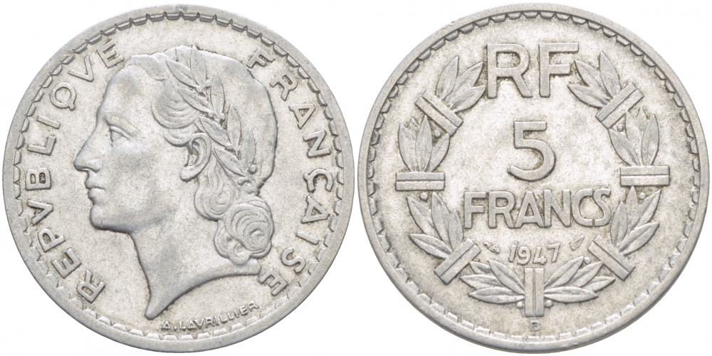 ФРАНЦИЯ 5 ФРАНКОВ 1947 В, CLOSED 9 KM 888b.2 алюминий 4403-224