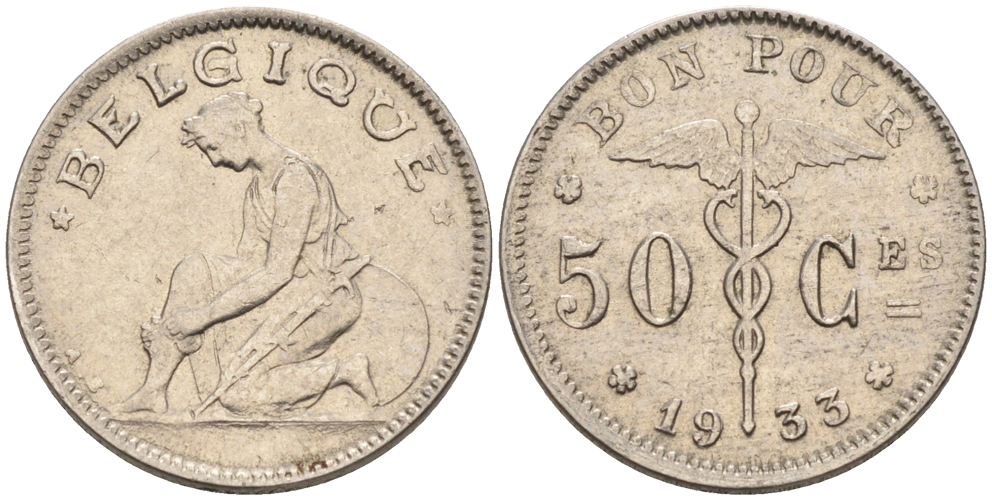 Бельгия 50 сантимов 1933 BELGIQUE KM 87 никель 4594-562