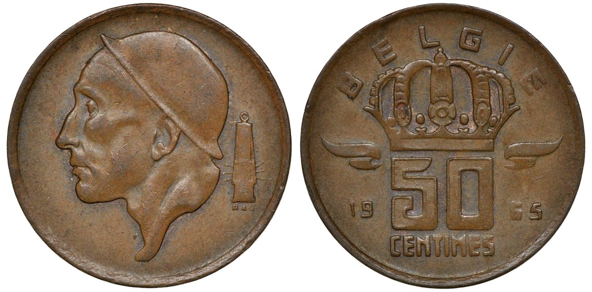 БЕЛЬГИЯ 50 САНТИМОВ 1965 BELGIE KM 149.1 бронза 72-935