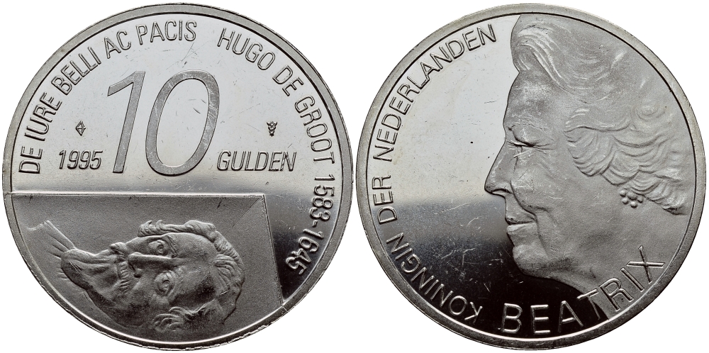 Нидерланды 10 гульденов 1995 300 лет со дня смерти Хьюго Грута, королева Беатрикс KM 220 серебро 1524-933