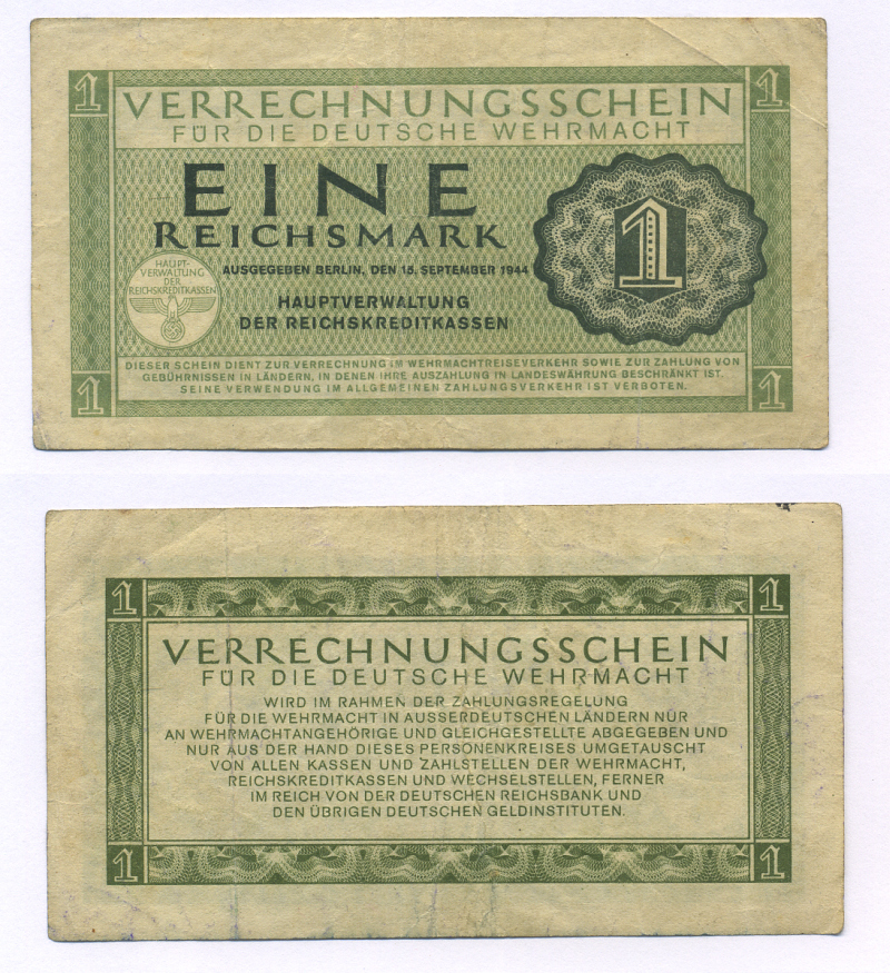 ГЕРМАНИЯ 1 РЕЙХСМАРКА 1944 ДЛЯ ВЕРМАХТА Pick М38 бумага 6300-11-3-1