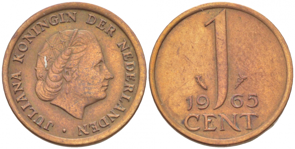 Нидерланды 1 цент 1965 Юлиана (1948-1980) КМ 180 бронза 3955-433