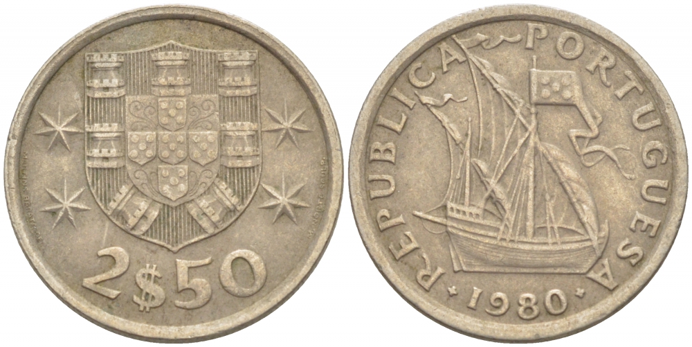 Португалия 2,5 эскудо 1980 парусник KM 590 медно-никель 3718-324