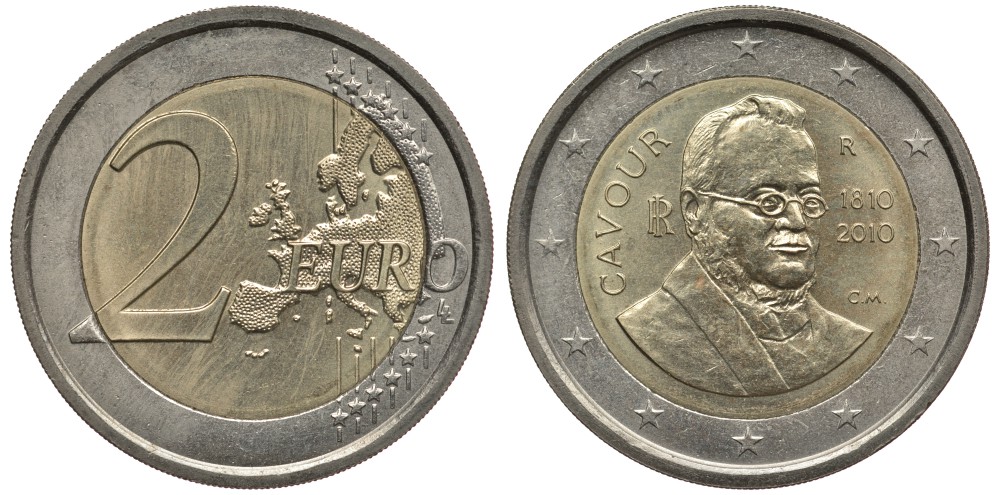 Италия 2 евро 2010 200 лет со дня рождения Камилло Бенсо Кавура KM 328 биметалл 3856-653