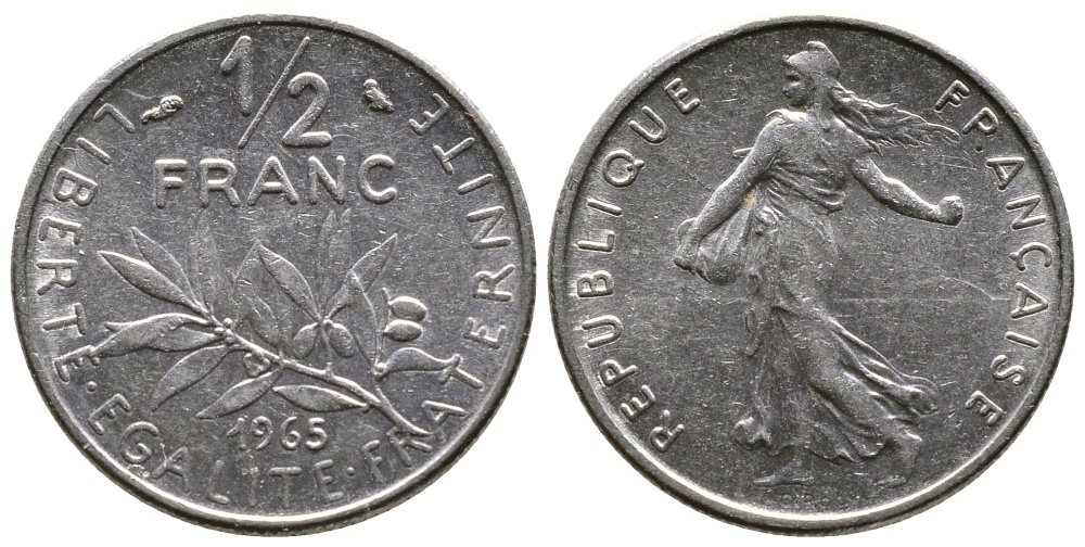 Франция 1/2 франка 1965 сеятель KM 931, Le Franc 198.3 никель 26-964