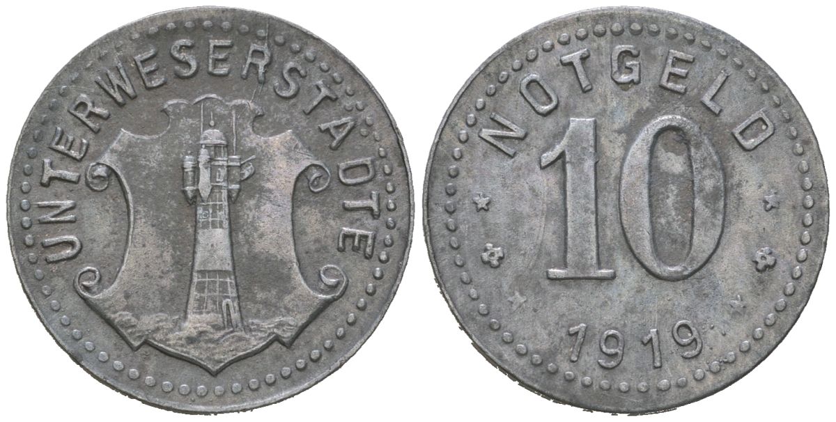 Города Бремерхафен, Лее и Гестемюнде 10 пфеннигов 1919 Unterweserstadte (Унтервезерштадт) Funck 558.2, Men05 25587.3, Men18 32086.3 цинк 4379-217