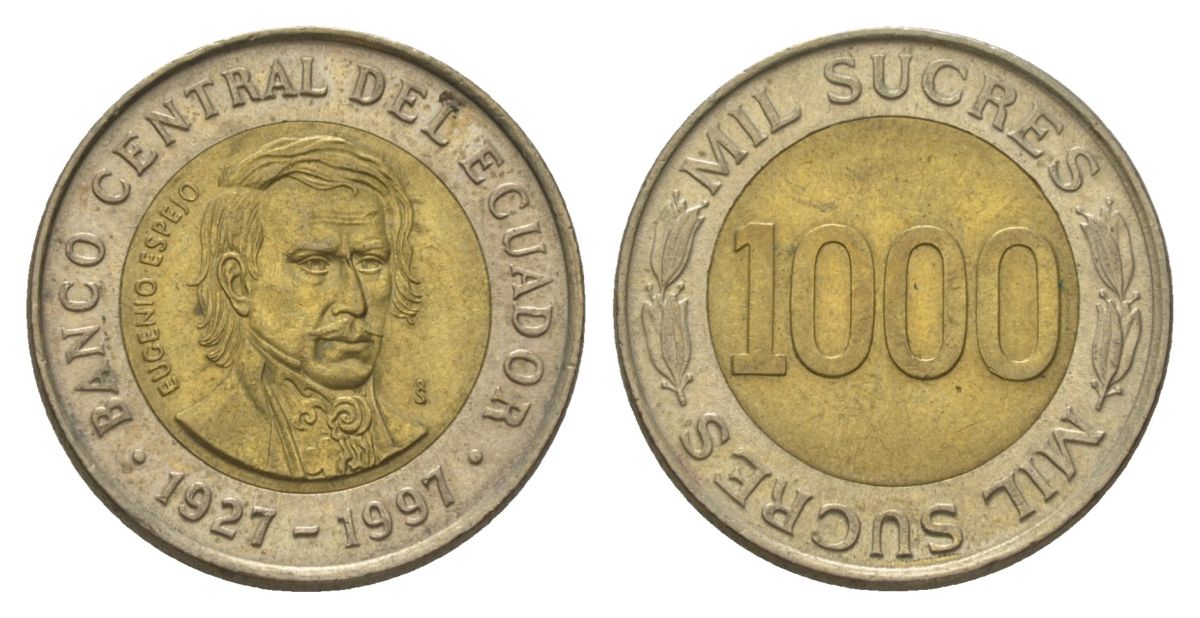 Эквадор 1000 сукре 1997 70 лет Центробанку KM 103 биметалл UNC 4626-426