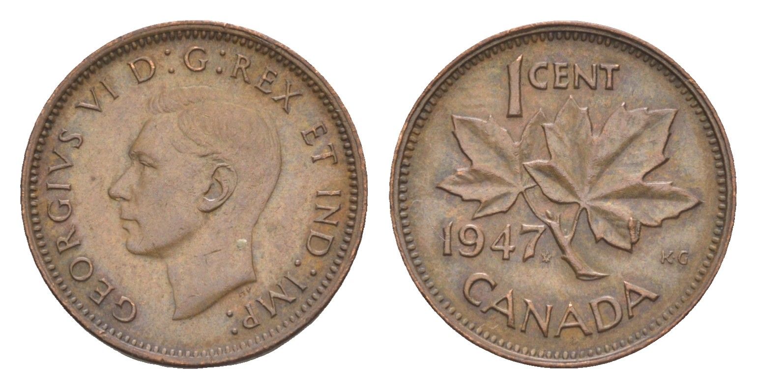 Канада 1 цент 1947 Leaf, Георг VI (1936-1952), кленовый лист KM 32 бронза 4630-522