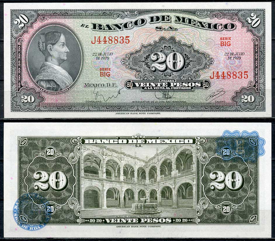 Мексика 20 песо 1970 Хосефа Ортис де Домингес, дворец федерального правительства в Керетаро, 22 июля 1970 Pick 54 p  бумага  UNC (пресс) 00-00