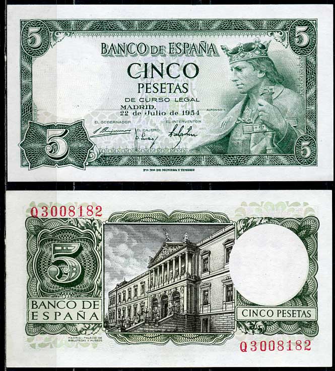 Испания 5 песет 1954 Альфонсо X, король Кастилии и Леона, дворец библиотек и музеев, Мадрид Pick 146 a  бумага  aUNC 8614-37-3-1