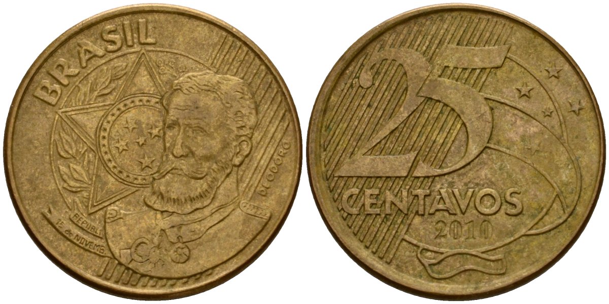 Бразилия 25 сентаво 2010 KM 650 сталь плакированная латунью 216-1126