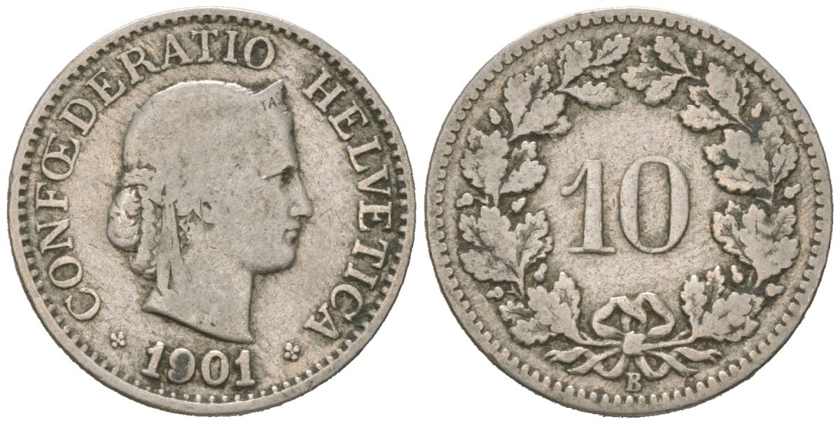 Швейцария 10 раппенов 1901 B KM 27 медно-никель 4617-442