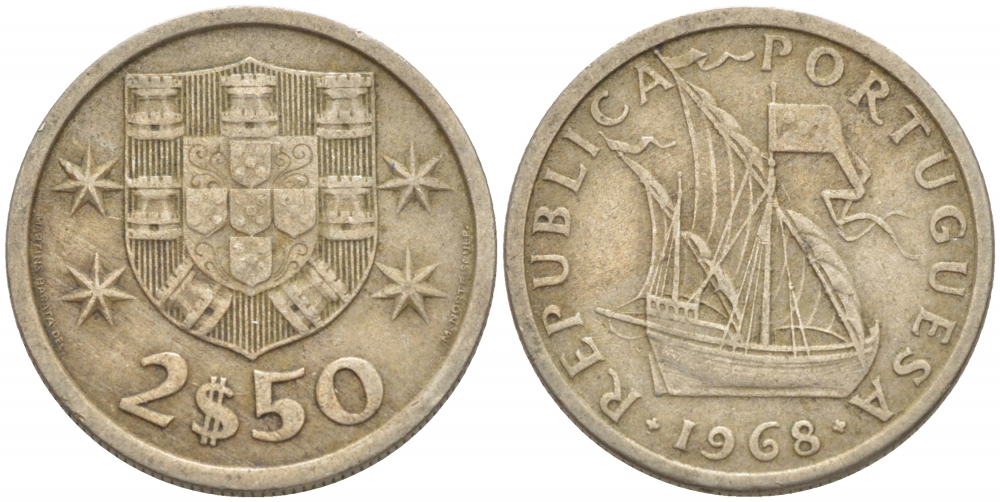 ПОРТУГАЛИЯ 2,5 ЭСКУДО 1968 ПАРУСНИК KM 590 медно-никель 3718-314