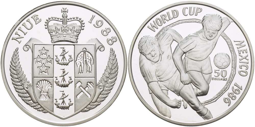 Ниуэ 50 долларов 1988 Чемпионат мира по футболу 1986 года в Мексике KM 43 серебро PROOF 02-112-15