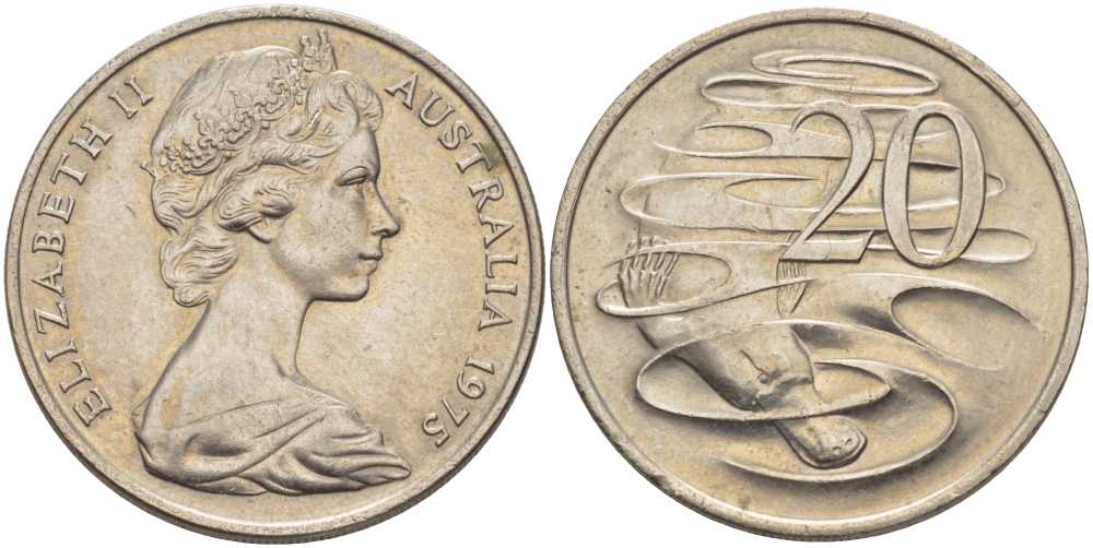 Австралия 20 центов 1975 Елизавета II (1952-2022), утконос KM 66 медно-никель 38-714