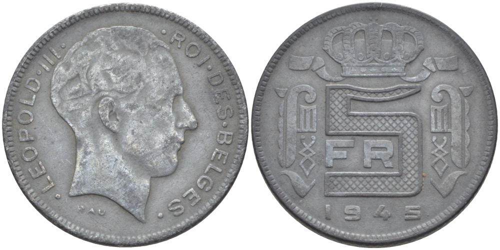 БЕЛЬГИЯ 5 ФРАНКОВ 1945 BELGES, ГЕРМАНСКАЯ ОККУПАЦИЯ, ВТОРАЯ МИРОВАЯ ВОЙНА KM 129.1 цинк 4448-945