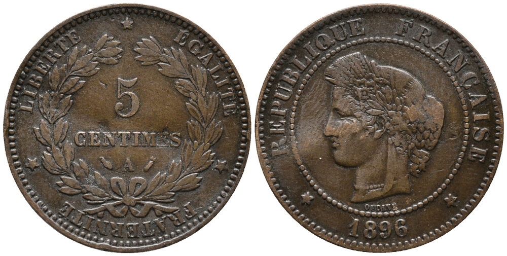 ФРАНЦИЯ 5 САНТИМОВ 1896 А, ТРЕТЬЯ РЕСПУБЛИКА (1871-1940) KM 821.1, LE FRANC 118.38 бронза 67-113