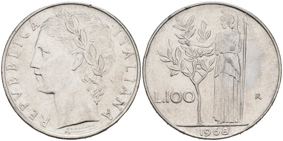 Италия 100 лир 1968 R, АФИНА У ОЛИВКОВОГО ДЕРЕВА KM 96.1 нержавеющая сталь 4572-935