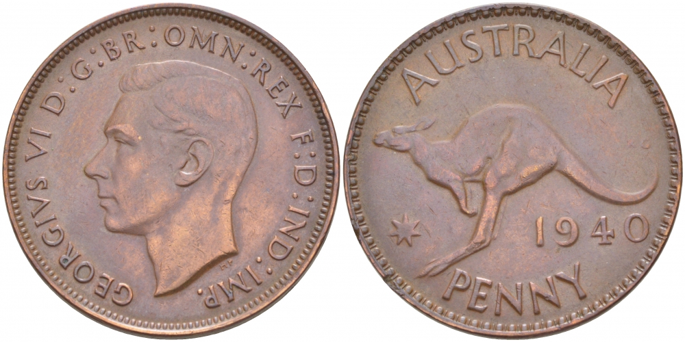 Австралия 1 пенни 1940 KG, Георг VI (1936-1952), кенгуру KM 36 бронза UNC 633-742