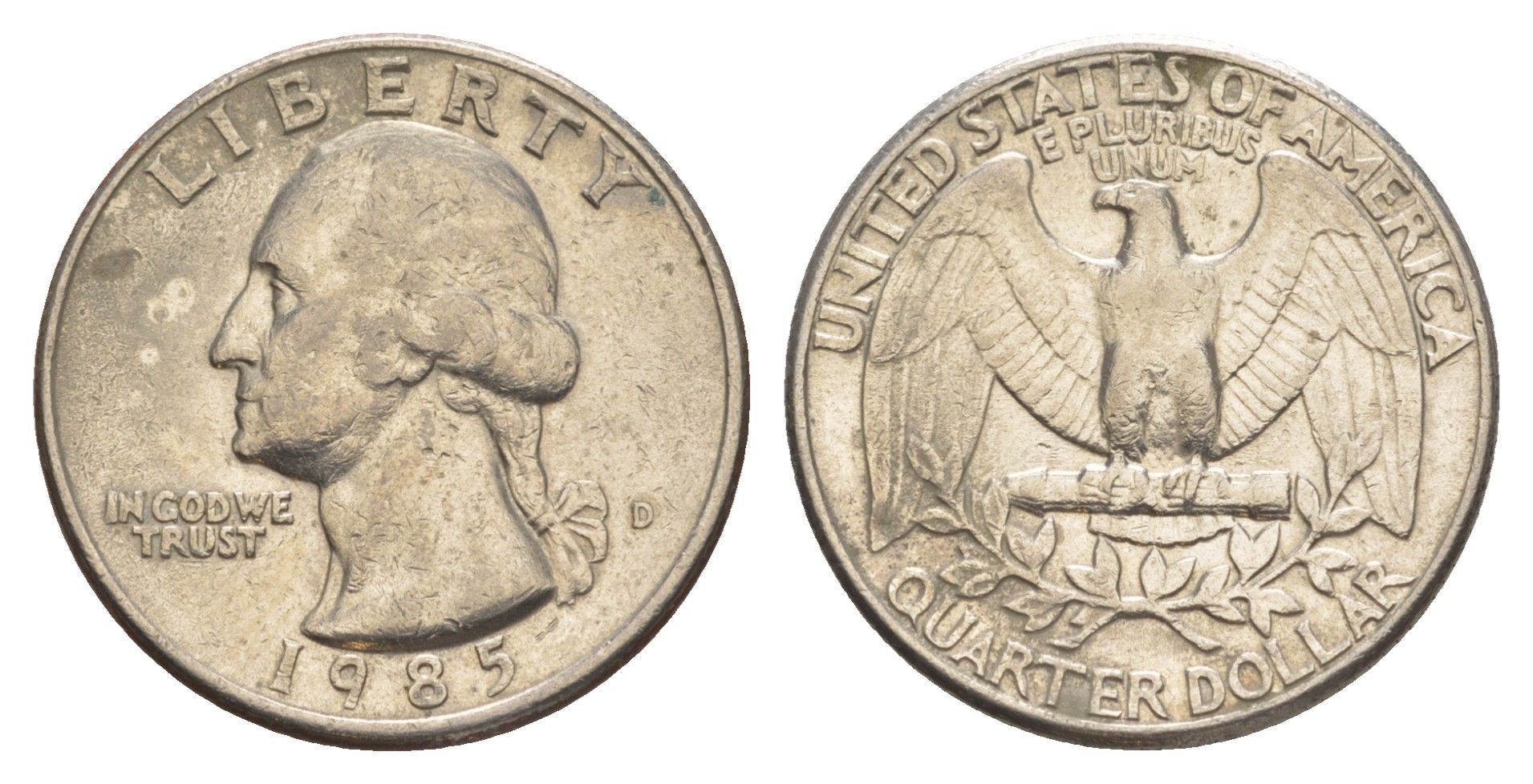 США 25 центов (квотер, 1/4 доллара) 1985 D KM 164a медь плакированная медно-никелем 4638-414