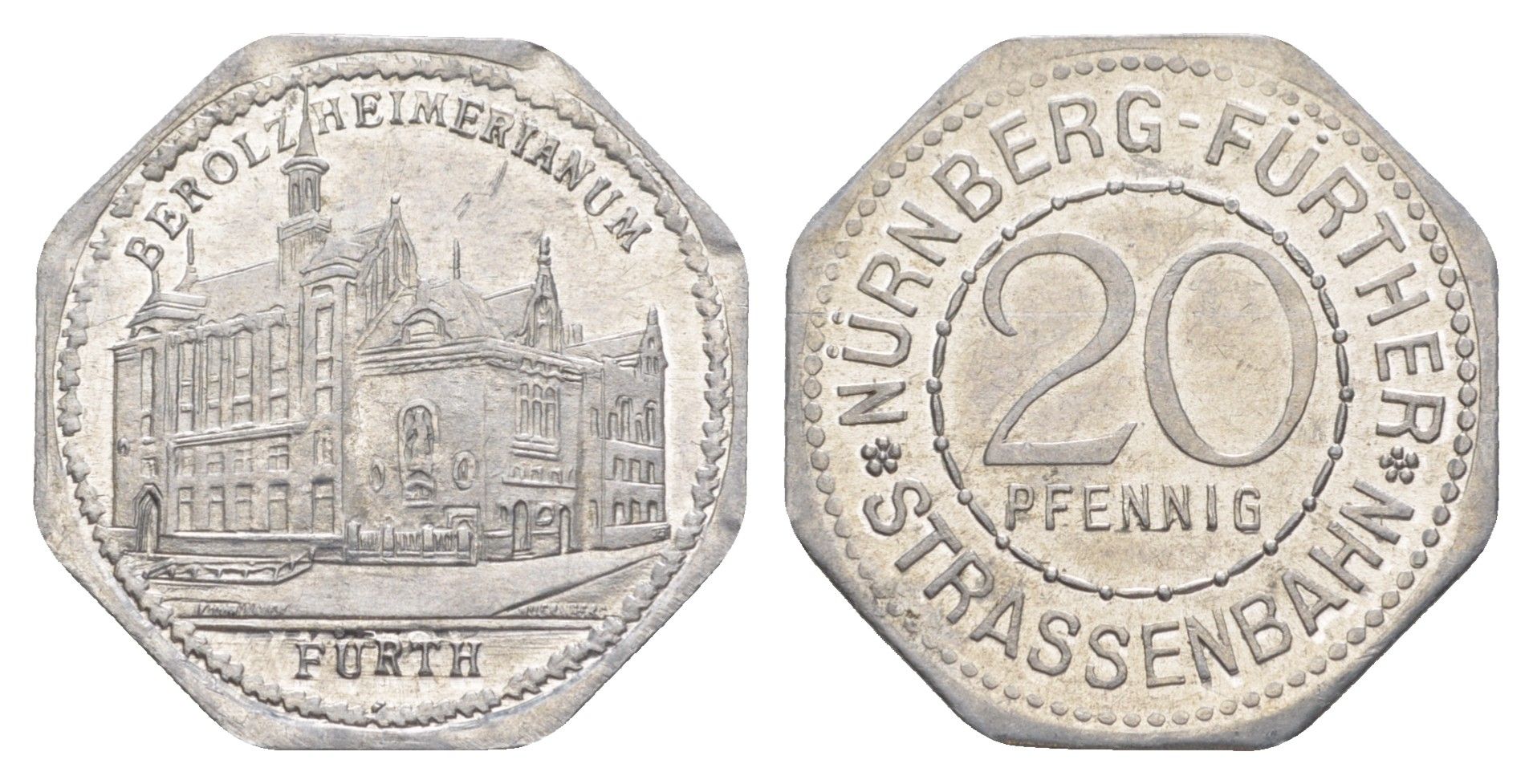 Нюрнберг трамвайный (транспортный) жетон в 20 пфеннигов ND (1920-1921) Театр комедии Men05 19256.4, Men18 24102.4 алюминий UNC 4638-236