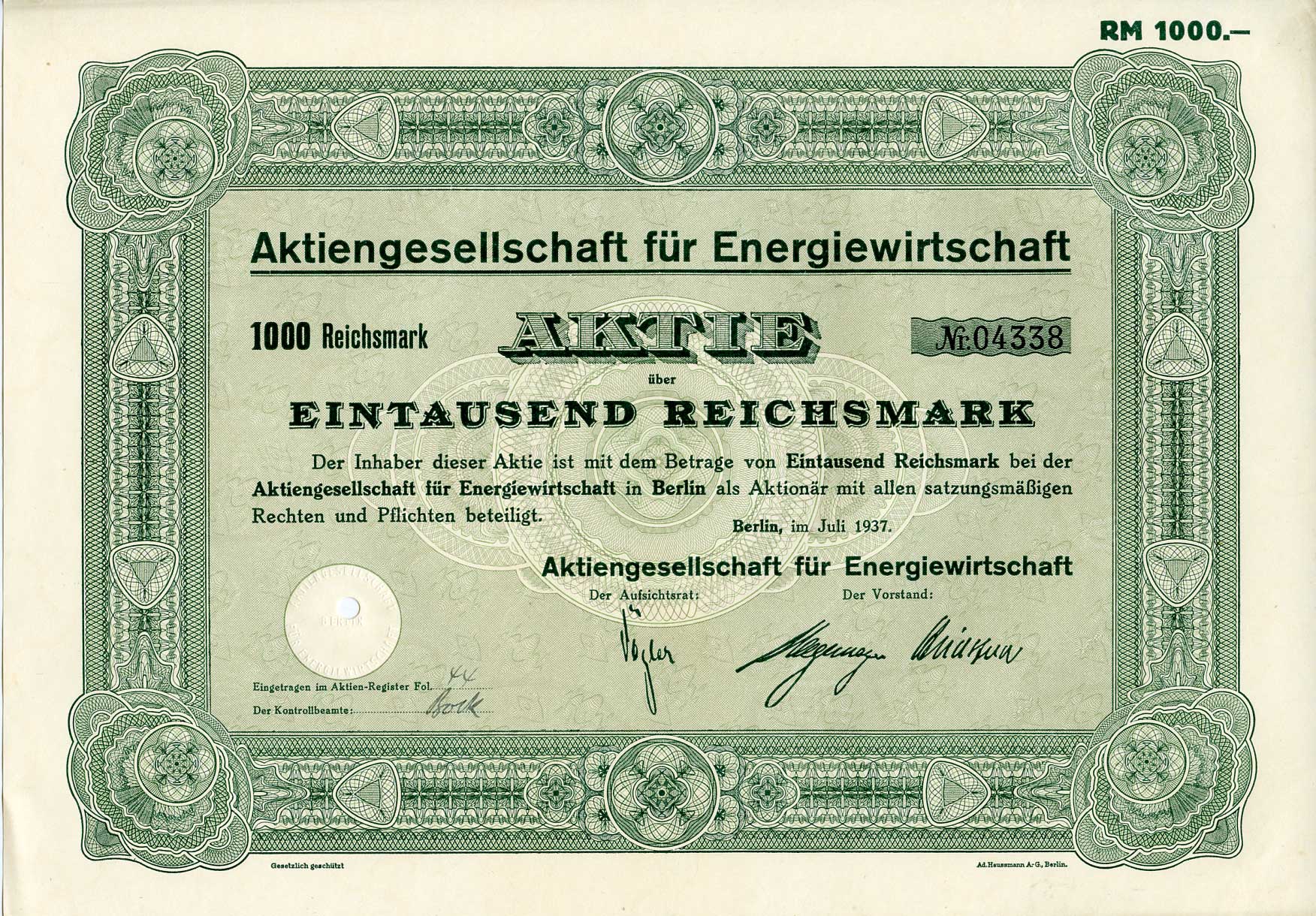 Германия 1000 рейхсмарок 1937 АО Энергетики, поставщик электроэнергии, Берлин, акция   бумага   8803-144-1