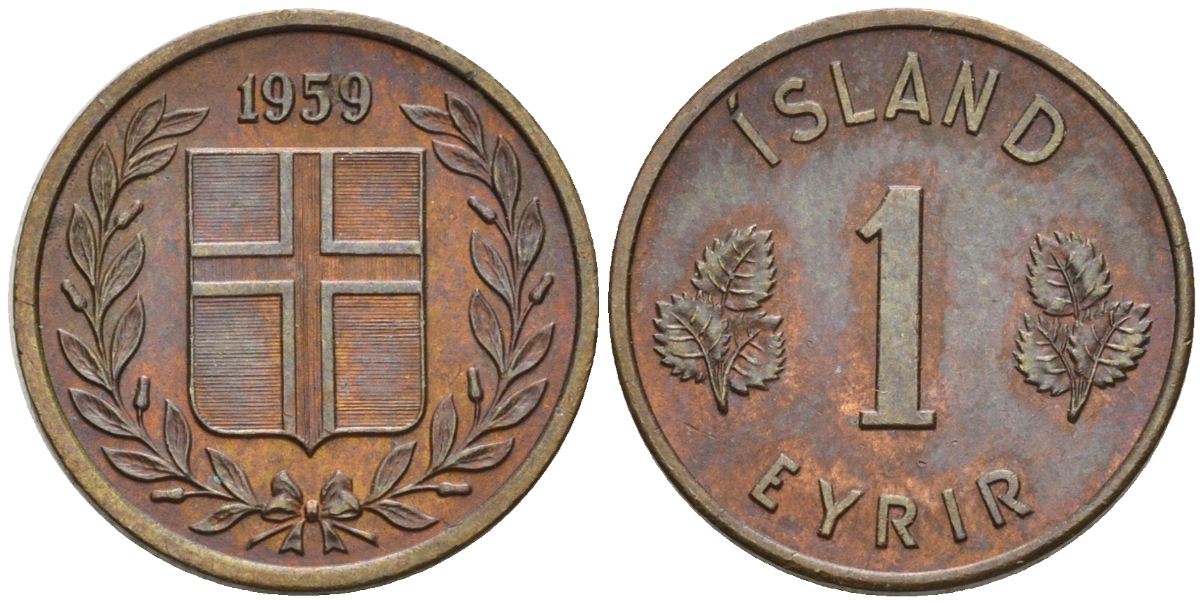 Исландия 1 эйре 1959 KM 8 бронза aUNC 4608-139