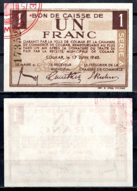 Франция 1 франк 1940 бумага 451-1025-1