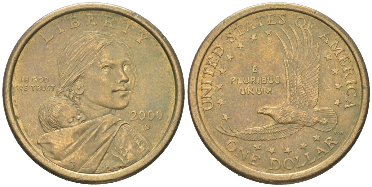 США 1 доллар 2000 D, индианка Сакагавея KM 310 медь с марганцево-латунным покрытием 183-326