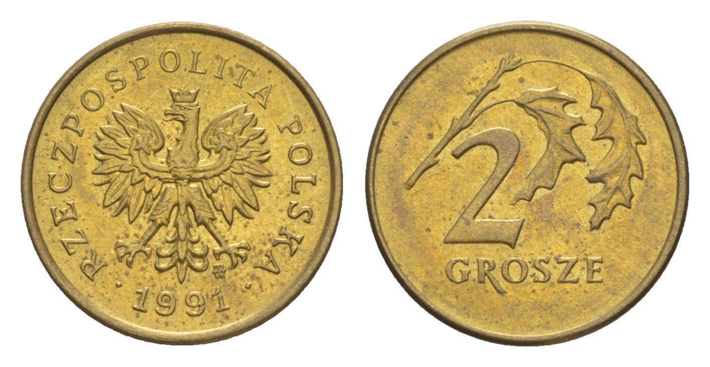 Польша 2 гроша 1991 Y 277 марганец латунь UNC 4649-661