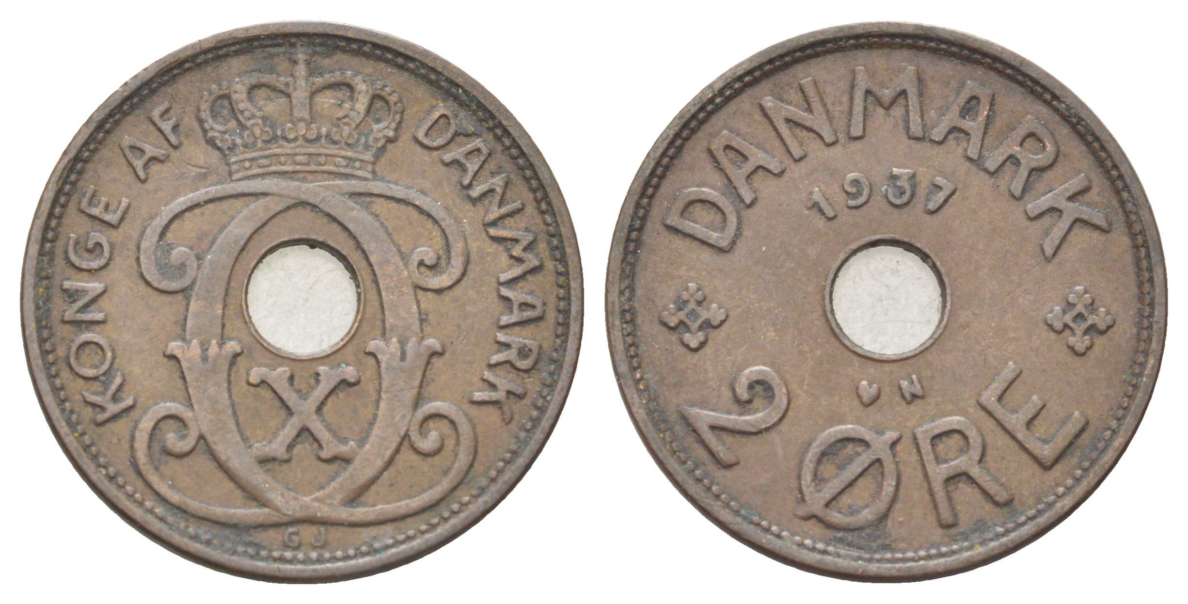 Дания 2 эре 1937 N, Кристиан X (1912-1947) KM 827 бронза 4701-847